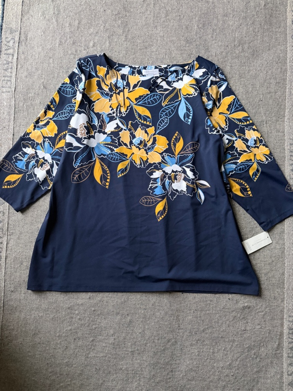 Charter Club Navy Floral Scoop Neck Tunic with Yellow and Light Blue Blooms